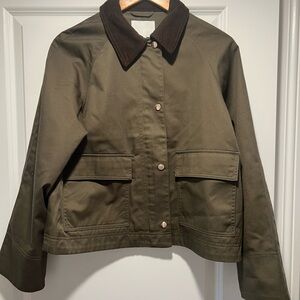 H&M Dark Olive Utility Jacket with Brown Collar